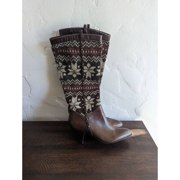 Cole Haan Fair Isle Knit Leather Boots - Size 7 - Picture 1 of 9